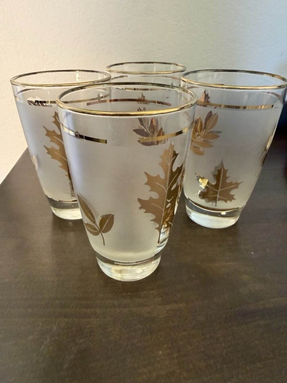 5 Vintage Libby Glass Company Tumblers Golden Foliage Pattern Frost Finish 22K